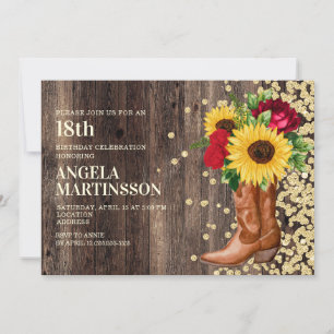 18th Birthday Rustic Wood Boots Sunflower Red Rose Invitation