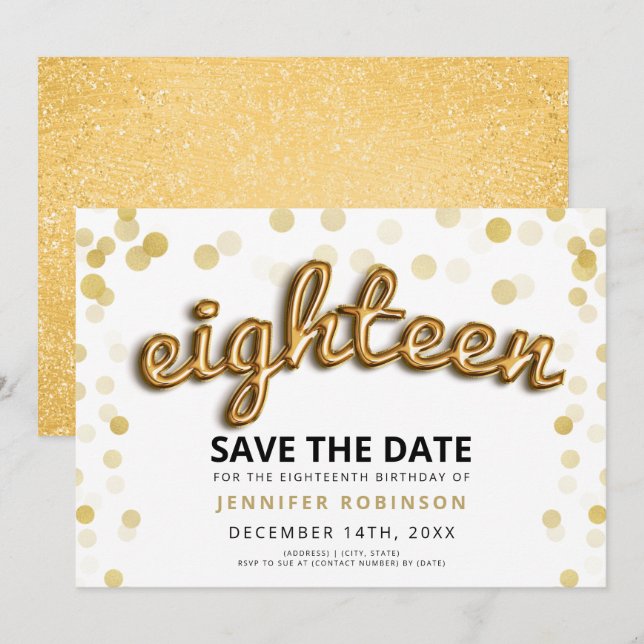 18th Birthday Save The Date Gold Balloons Glitter Invitation (Front/Back)