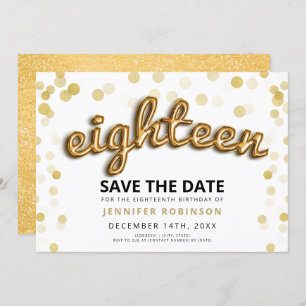 18th Birthday Save The Date Gold Balloons Glitter Invitation