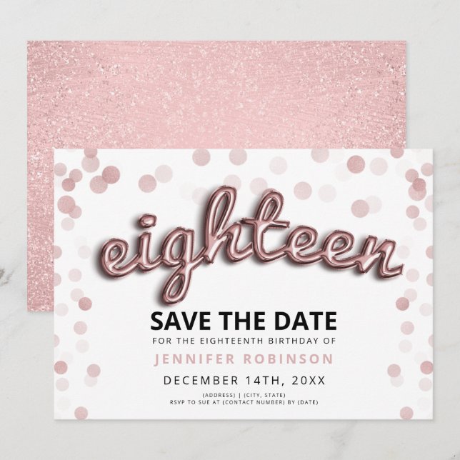 18th Birthday Save The Date Rose Gold Glitter Invitation (Front/Back)