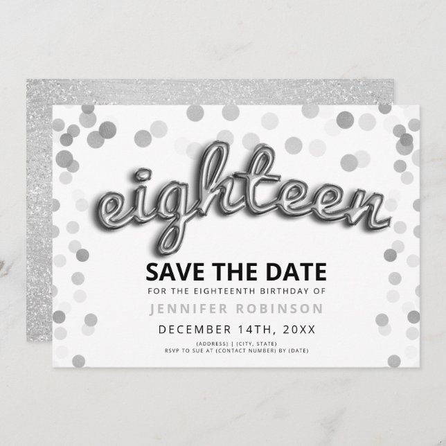 18th Birthday Save The Date Silver Balloon Glitter Invitation (Front/Back)
