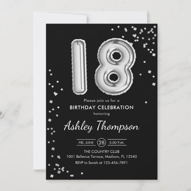 18th Birthday - Silver Balloons Black Invitation (Front)