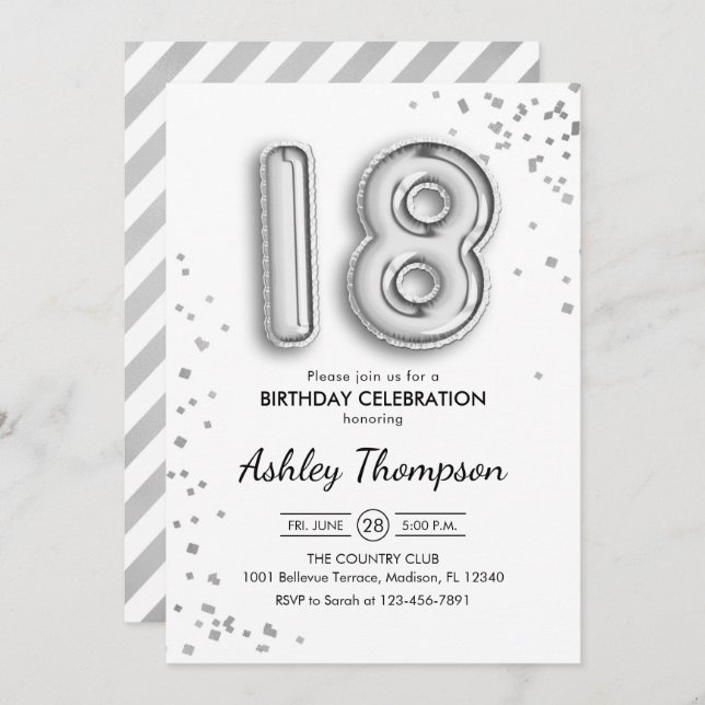 18th Birthday - Silver Balloons Invitation (Front/Back)
