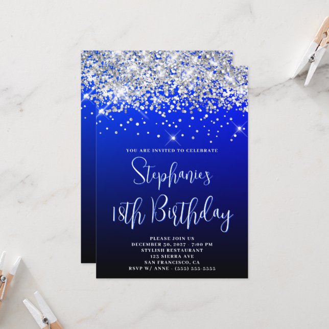 18th Birthday Silver Glitter Blue Navy Black Invitation (Front/Back In Situ)