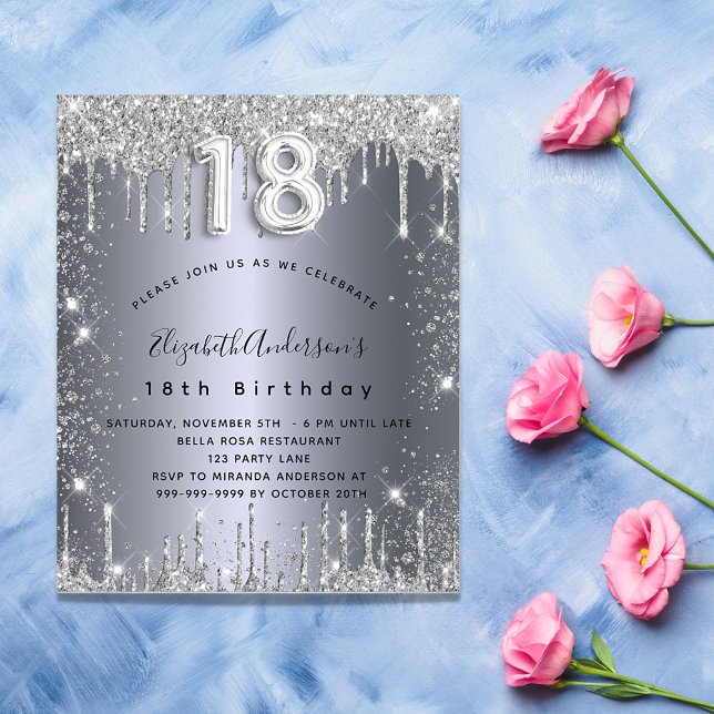 18th birthday silver glitter budget invitation flyer (Creator Uploaded)
