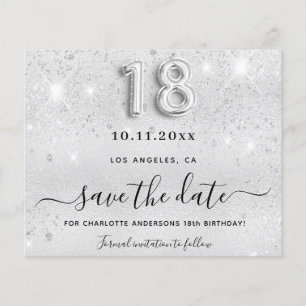 18th birthday silver glitter budget save the date flyer