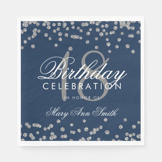 18th Birthday Silver Glitter Confetti Navy Blue Napkin (Front)