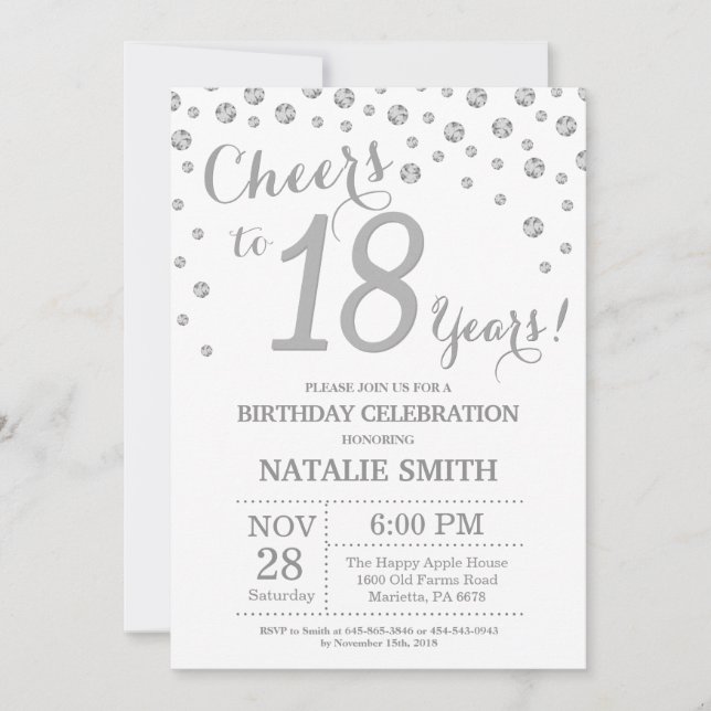 18th Birthday Silver Glitter Diamond Invitation (Front)