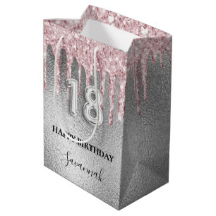 18th birthday silver glitter drips pink monogram medium gift bag