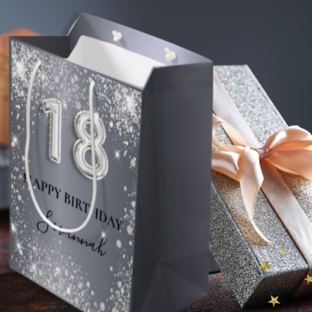 18th birthday silver glitter glamourous monogram medium gift bag (Creator Uploaded)