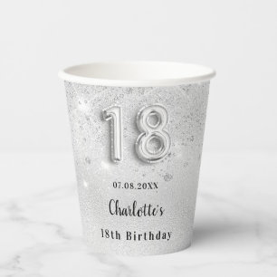 18th birthday silver glitter name paper cups