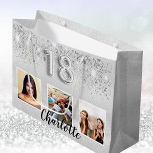 18th birthday silver glitter photo name large gift bag