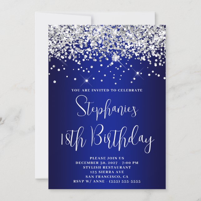 18th Birthday Silver Glitter Royal Blue Navy Ombre Invitation (Front)