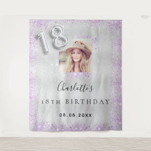 18th birthday silver photo purple glitter welcome tapestry