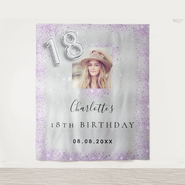 18th birthday silver photo purple glitter welcome tapestry (Front)
