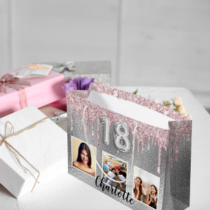 18th birthday silver pink glitter drips photo name large gift bag