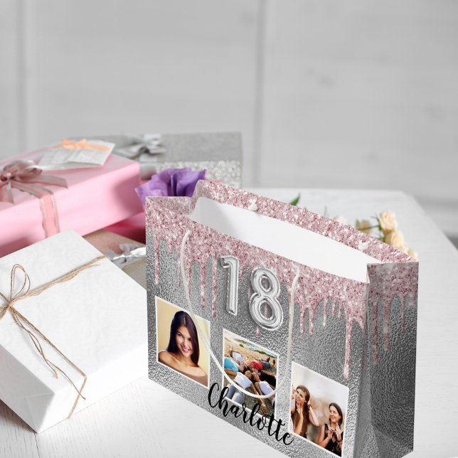 18th birthday silver pink glitter drips photo name large gift bag (Creator Uploaded)