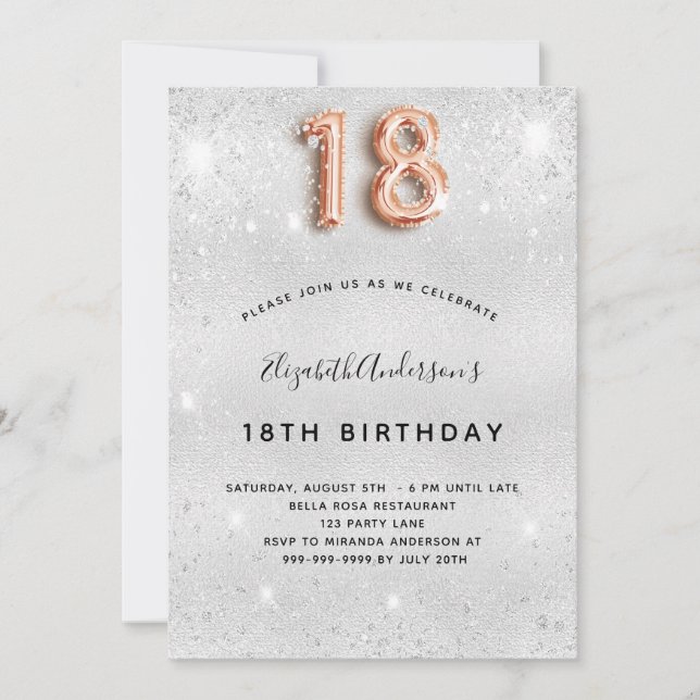 18th birthday silver rose gold sparkles invitation (Front)