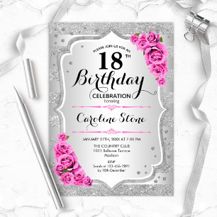18th Birthday - Silver Stripes Pink Roses Invitation