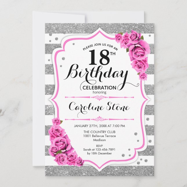 18th Birthday -  Silver White Stripes Pink Roses Invitation (Front)