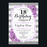 18th Birthday -  Silver White Stripes Purple Roses Invitation<br><div class="desc">18th Birthday Invitation.
Elegant silver white lavender design with faux glitter. Silver and white stripes with pink roses. Perfect for an elegant eighteenth birthday party.</div>