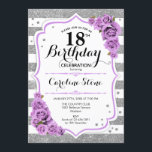 18th Birthday -  Silver White Stripes Purple Roses Invitation<br><div class="desc">18th Birthday Invitation.
Elegant silver white lavender design with faux glitter. Silver and white stripes with pink roses. Perfect for an elegant eighteenth birthday party.</div>