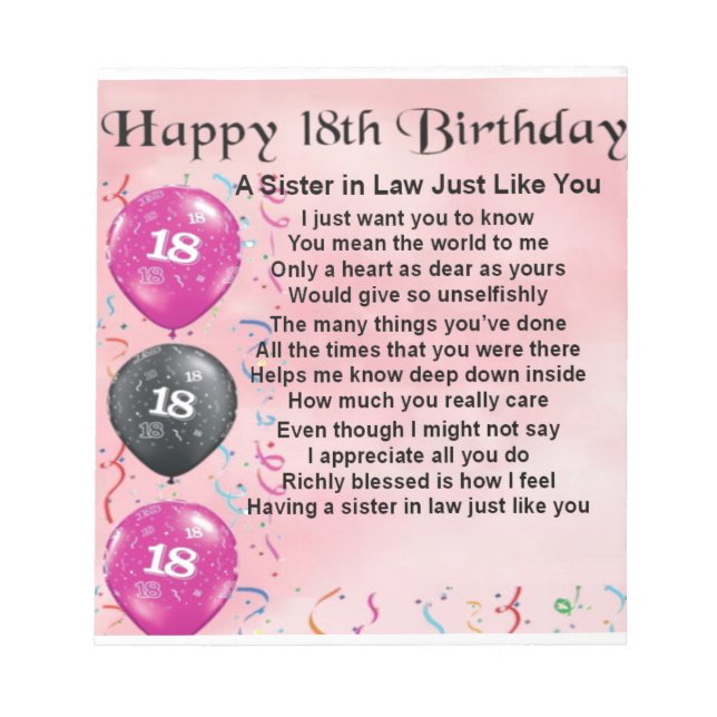 18th Birthday - Sister in Law Poem Notepad (Front)