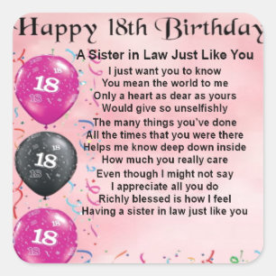 18th Birthday - Sister in Law Poem Square Sticker