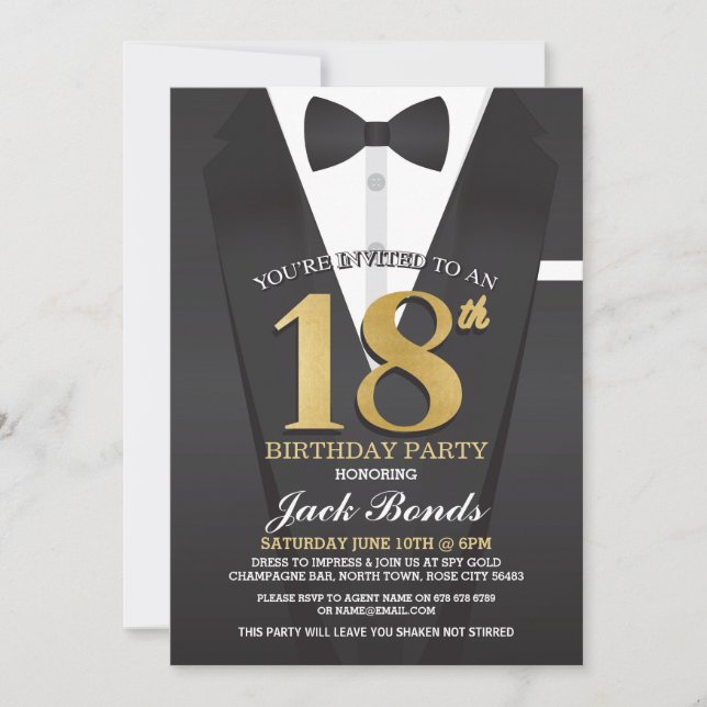 18th Birthday Spy Suit Black tie Gold Invitation (Front)