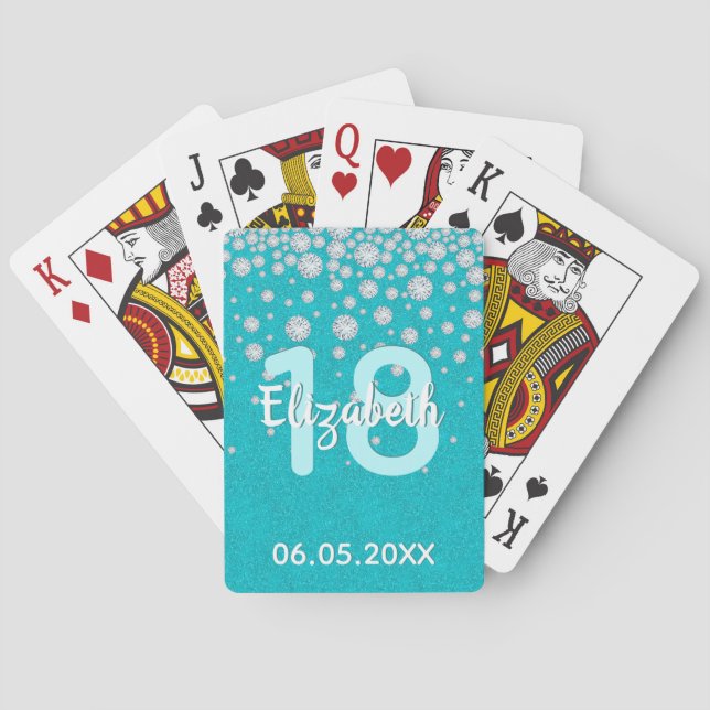 18th birthday teal green glitter diamonds playing cards (Back)