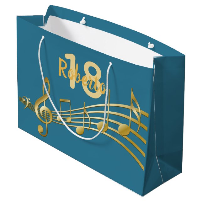 18th birthday teal green music notes large gift bag (Back Angled)