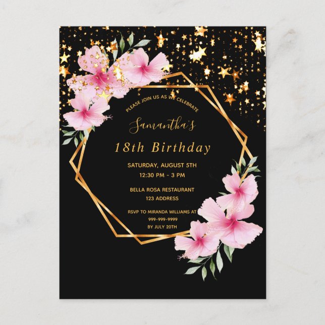18th birthday tropical black gold stars invitation postcard (Front)