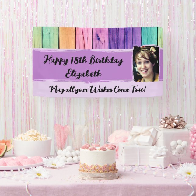 18th Birthday unicorn colours name photo purple Banner (Party)