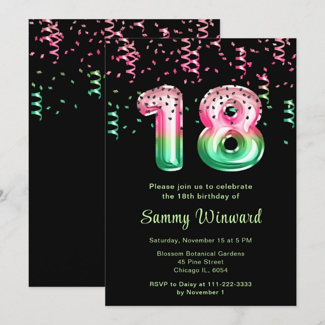 18th Birthday Watermelon Balloons with Confetti Invitation (Front/Back)