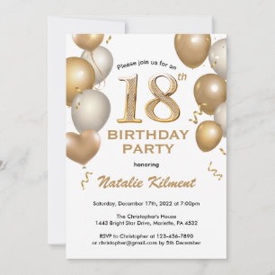 18th Birthday White and Gold Glitter Balloons Invitation