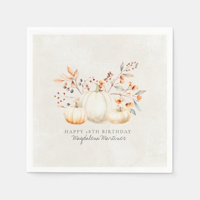 18th Birthday White Pumpkin Fall Leaves Custom Napkin (Front)