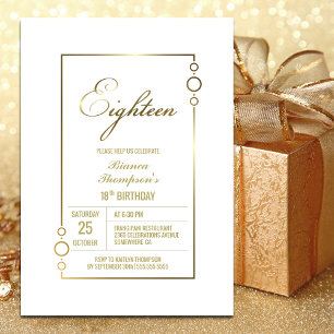 18th Birthday White with Gold Frame Party Invitation