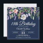 18th Birthday Wildflowers Navy Blue Elegant Invitation<br><div class="desc">Elegant navy blue and wildflowers 18th birthday invitation that you can personalise with your party details to celebrate a woman turning eighteen.</div>