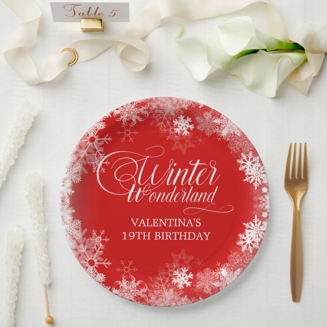 18th Birthday Winter Wonderland Snowflake Red Paper Plate (Wedding)