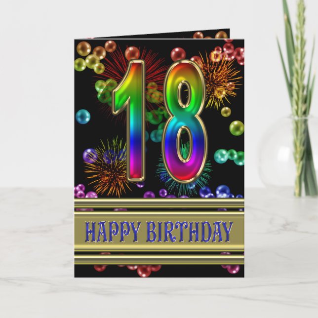18th Birthday with rainbow bubbles and fireworks Card (Front)