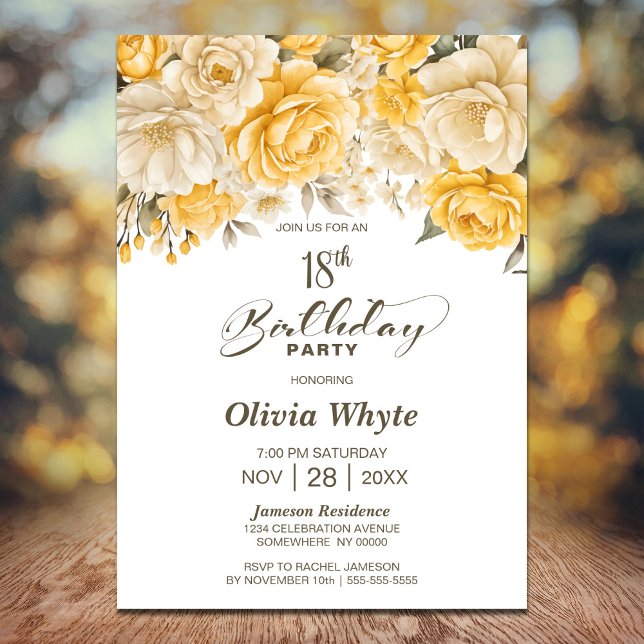 18th Birthday Yellow Floral Party Invitation (Creator Uploaded)