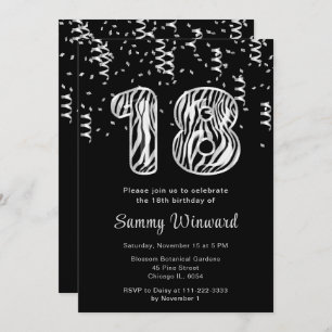 18th Birthday Zebra Print Balloons with Confetti Invitation