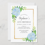 18th Blue Hydrangea Border Birthday Invitation<br><div class="desc">These 18th birthday party invitations feature a watercolor floral design of blue hydrangea flowers,  foliage and faux gold border. Personalise them with your own text.</div>