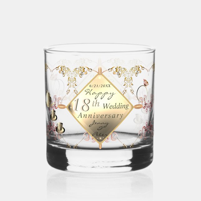 18th Cat's Eye Wedding Anniversary Drinkware Set Whiskey Glass (Front)