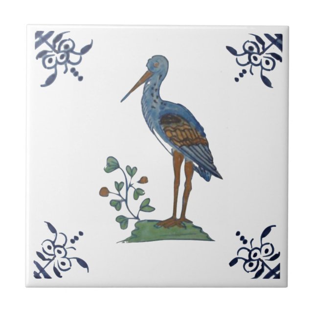 18th Century Delft Heron? on White Ceramic Tile (Front)