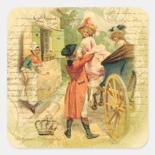 18th Century Wedding Couple in Carriage Square Sticker