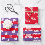 18th Happy Birthday Add Name Wrapping Paper Sheet<br><div class="desc">An 18th Birthday Celebration - Add a Name,  Customise the Age and say Happy Birthday with this 3 sheet personalised gift wrap in purple,  red and white to help celebrate the special day.</div>