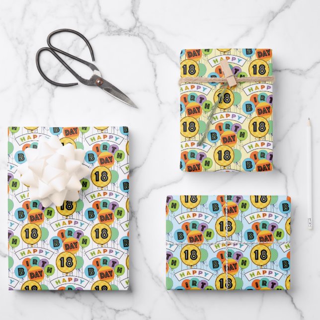 18th Happy Birthday Typography Balloons  Wrapping Paper Sheet (Front)