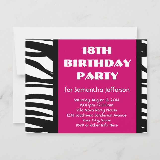 18th Hot Pink Zebra Invitations (Front)