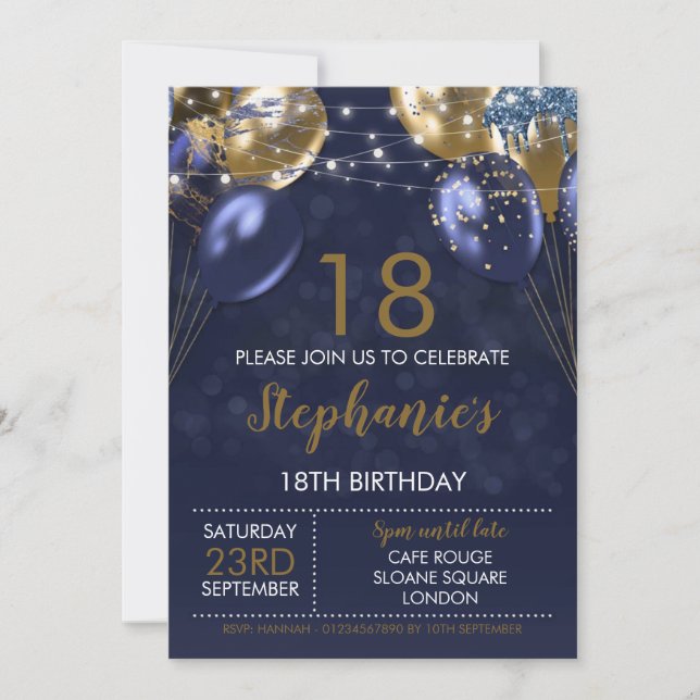 18th Invite Navy Gold Birthday Invitation (Front)